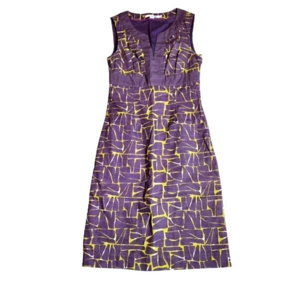 Boden Geometric Cotton V Neck Sheath Dress  Purple and Green - Picture 3 of 13